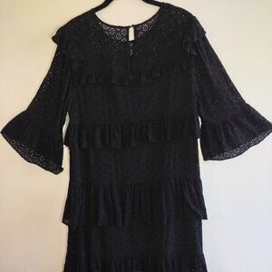 🆕 Reformation Black Eyelet Mini Dress Tiered w/ Bell Sleeves Women's Large